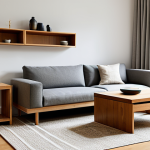A beautifully designed modern minimalist living room bathed in natural light, showcasing intelligent furniture solutions. The space features a versatile sofa with clean lines and discreet integrated storage, a sleek convertible coffee table made of light wood, and subtle built-in shelving units. The color palette is composed of warm off-whites, soft grays, and natural wood tones, complemented by inviting textures from a linen throw and a woven rug. The overall aesthetic is uncluttered, highly organized, and promotes tranquility and spaciousness. Professional interior photography, high resolution, clean aesthetic, appropriate content, safe for work, fully clothed, modest, family-friendly.