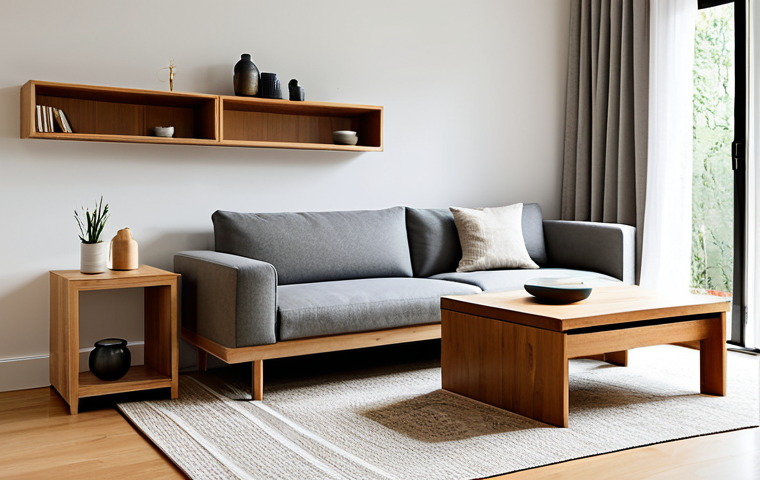 A beautifully designed modern minimalist living room bathed in natural light, showcasing intelligent furniture solutions. The space features a versatile sofa with clean lines and discreet integrated storage, a sleek convertible coffee table made of light wood, and subtle built-in shelving units. The color palette is composed of warm off-whites, soft grays, and natural wood tones, complemented by inviting textures from a linen throw and a woven rug. The overall aesthetic is uncluttered, highly organized, and promotes tranquility and spaciousness. Professional interior photography, high resolution, clean aesthetic, appropriate content, safe for work, fully clothed, modest, family-friendly.