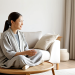A professional woman in modest, comfortable clothing, sitting serenely in a Japandi-style living room. The space features clean lines, light natural wood furniture, a neutral color palette of beige, off-white, and warm grey, with elements of bamboo and simple ceramic accents. Soft linen textiles drape gently. The lighting is calm and diffused, creating a tranquil and functional atmosphere. Full shot, perfect anatomy, correct proportions, natural pose, well-formed hands, proper finger count, natural body proportions, professional photography, high quality, fully clothed, modest clothing, appropriate attire, safe for work, appropriate content, family-friendly.