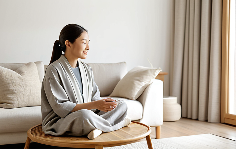 A professional woman in modest, comfortable clothing, sitting serenely in a Japandi-style living room. The space features clean lines, light natural wood furniture, a neutral color palette of beige, off-white, and warm grey, with elements of bamboo and simple ceramic accents. Soft linen textiles drape gently. The lighting is calm and diffused, creating a tranquil and functional atmosphere. Full shot, perfect anatomy, correct proportions, natural pose, well-formed hands, proper finger count, natural body proportions, professional photography, high quality, fully clothed, modest clothing, appropriate attire, safe for work, appropriate content, family-friendly.