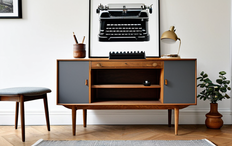 **

"A modern living room with white walls and a minimalist grey sofa. A restored wooden sideboard serves as a stylish bar. An antique typewriter sits on a clean-lined desk. Fully clothed, appropriate content, safe for work, perfect anatomy, natural proportions, professional interior photography, high quality, family-friendly."

**