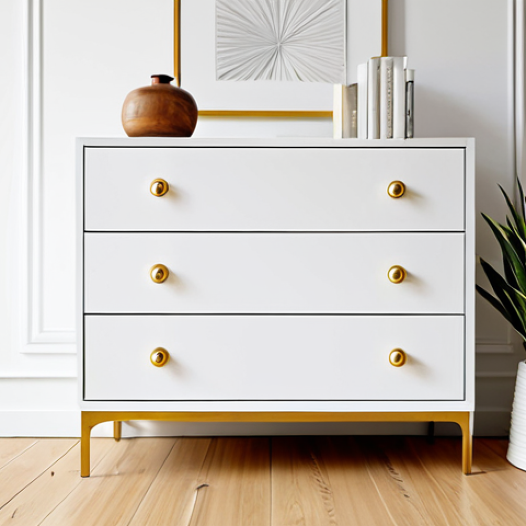 **

"A repainted wooden dresser, white color, with modern, minimalist gold handles, in a bright room setting, fully clothed, safe for work, appropriate content, professional, perfect anatomy, natural proportions, high quality."

**