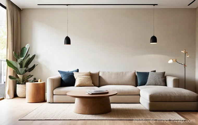 미니멀 인테리어에서의 기능 중심 디자인 - **Prompt:** A minimalist living room bathed in soft, natural light, showcasing functional design. Th...
