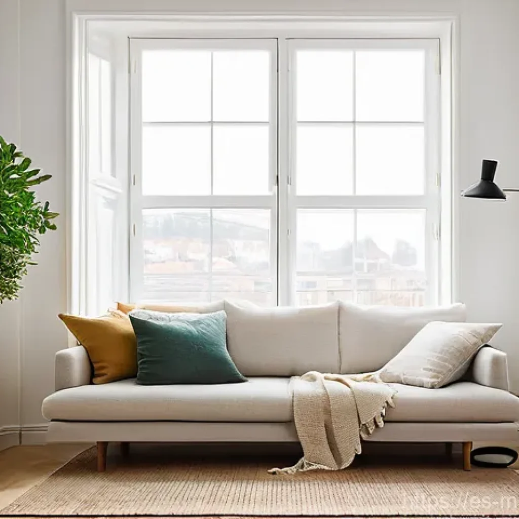 미니멀 인테리어를 위한 공간 절약 팁 - **Prompt:** A cozy, minimalist living room in a small city apartment, bathed in soft, natural light ...