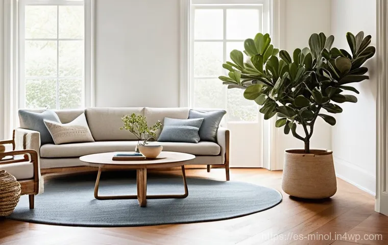 효과적인 미니멀 인테리어 예산 세우기 - **Prompt 1: Serene Minimalist Living Room with Natural Textures and Budget Finds**
    "A sun-drench...