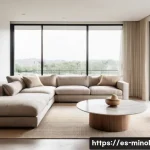 미니멀 인테리어에서의 재료 선택 가이드 - A minimalist living room featuring natural wood furniture with warm, rough and smooth textures, matt...