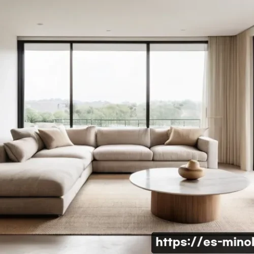 미니멀 인테리어에서의 재료 선택 가이드 - A minimalist living room featuring natural wood furniture with warm, rough and smooth textures, matt...