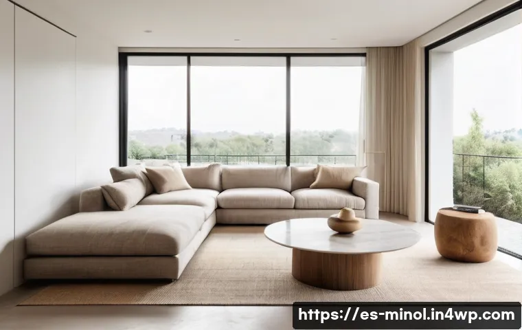 미니멀 인테리어에서의 재료 선택 가이드 - A minimalist living room featuring natural wood furniture with warm, rough and smooth textures, matt...