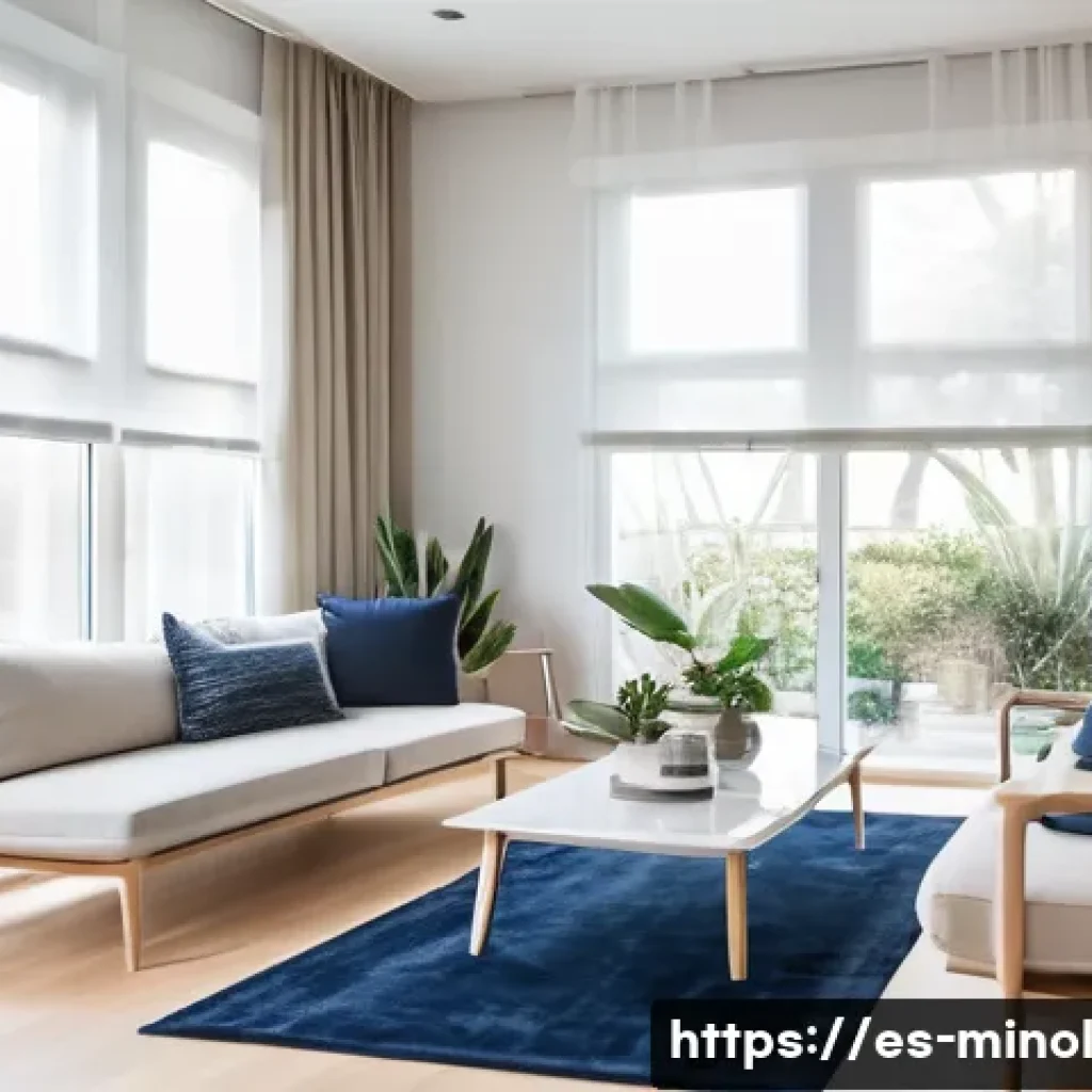 미니멀 인테리어에서의 공간의 흐름 - A spacious minimalist living room with seamless visual continuity, featuring low-profile transparent...