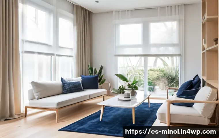 미니멀 인테리어에서의 공간의 흐름 - A spacious minimalist living room with seamless visual continuity, featuring low-profile transparent...