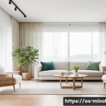 미니멀 인테리어와 라이프스타일 변화 - A bright, minimalist living room bathed in natural light from large windows with sheer white curtain...
