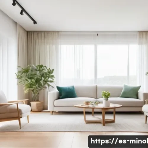 미니멀 인테리어와 라이프스타일 변화 - A bright, minimalist living room bathed in natural light from large windows with sheer white curtain...