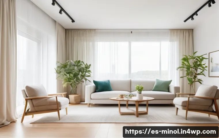 미니멀 인테리어와 라이프스타일 변화 - A bright, minimalist living room bathed in natural light from large windows with sheer white curtain...
