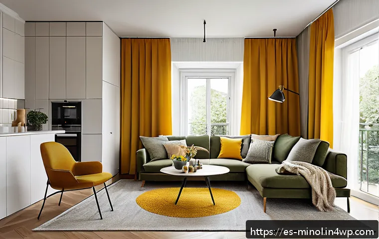 미니멀 인테리어의 차별화된 접근법 - A modern small apartment living room showcasing multifunctional furniture: a sleek sofa bed with cle...