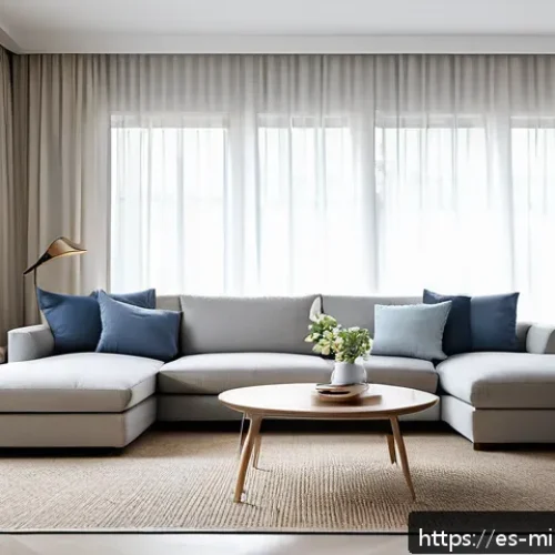 미니멀 인테리어에서의 가구 선택 기준 - A modern minimalist living room featuring a sleek sofa with straight lines and discreet design, upho...