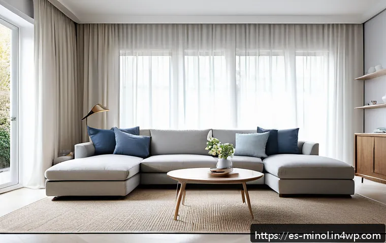 미니멀 인테리어에서의 가구 선택 기준 - A modern minimalist living room featuring a sleek sofa with straight lines and discreet design, upho...