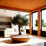 Home 18 미니멀 인테리어의 미래 트렌드 - Photorealistic future minimalist apartment in Barcelona, warm Mediterranean daylight pouring through...