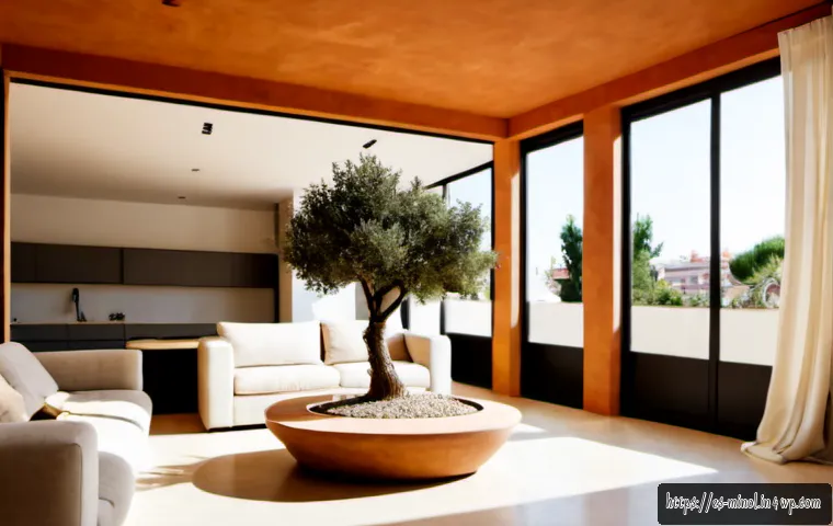 미니멀 인테리어의 미래 트렌드 - Photorealistic future minimalist apartment in Barcelona, warm Mediterranean daylight pouring through...