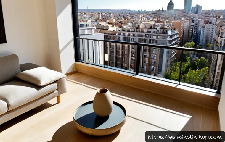 미니멀 인테리어와 현대 도시 생활 - Photorealistic minimalist apartment in a modern Madrid high-rise, warm morning sunlight through floo...